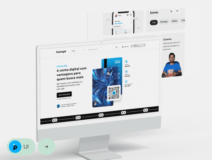 Imagem desktop do de design UI (User Interface) mostrando a criação de uma conta digital PAN com diversas funcionalidades.
