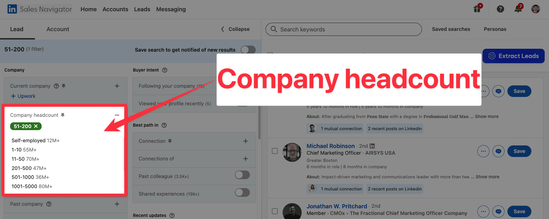 Company headcount filter on LinkedIn Sales Navigator