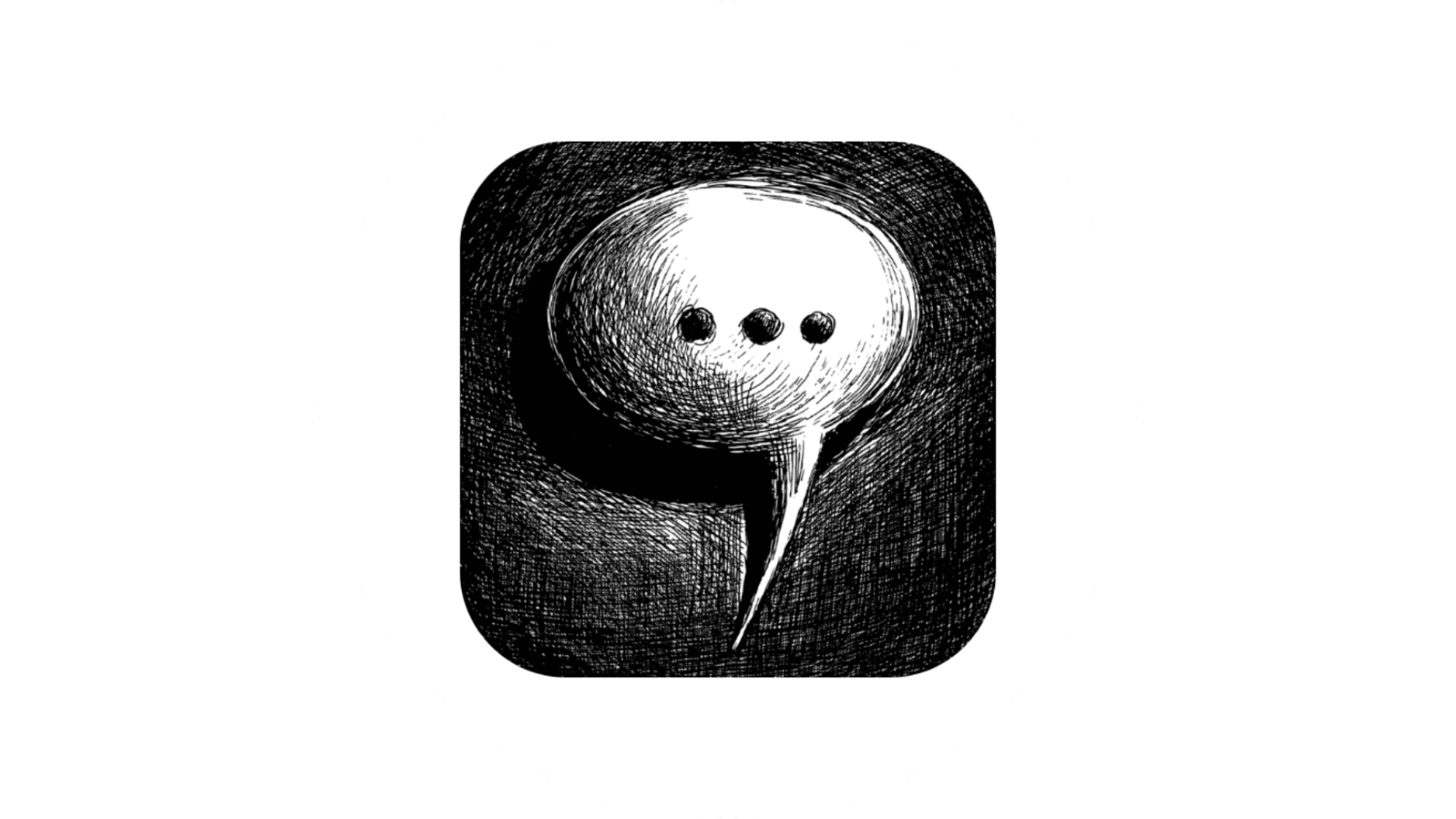 This image features a stylized black and white illustration of a speech bubble icon with three dots inside, set against a dark square background and framed by a white circular border.