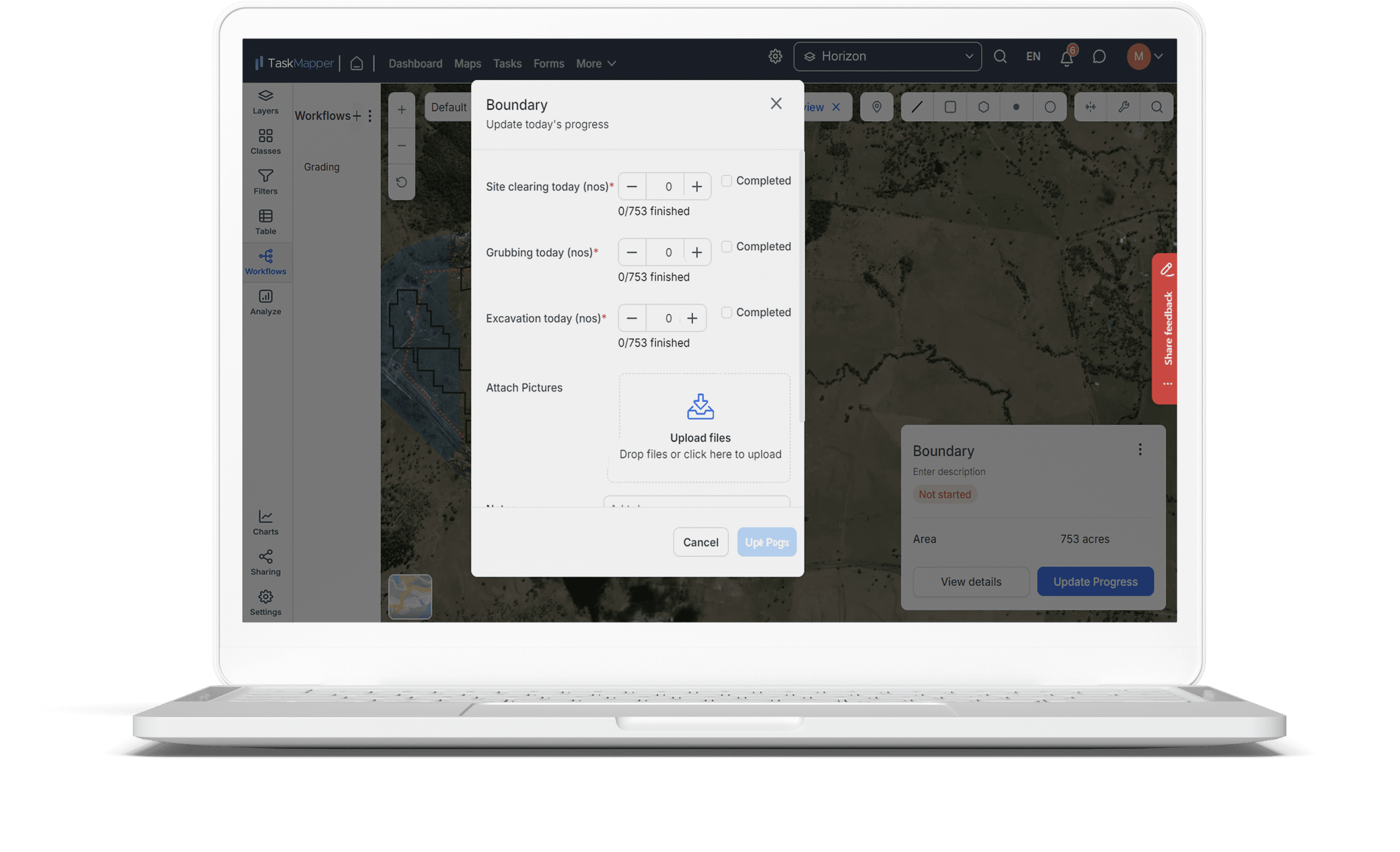 Real-time updates on solar site prep progress on TaskMapper showing clearing and excavation