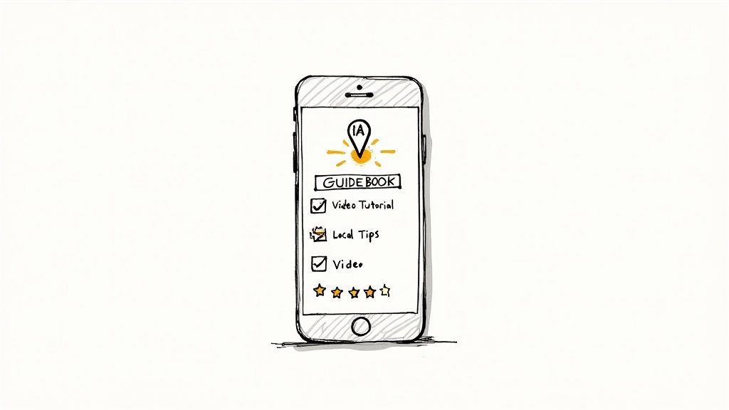 A hand-drawn smartphone screen displays a guidebook app with options for video tutorials, local tips, and video content, plus a star rating.