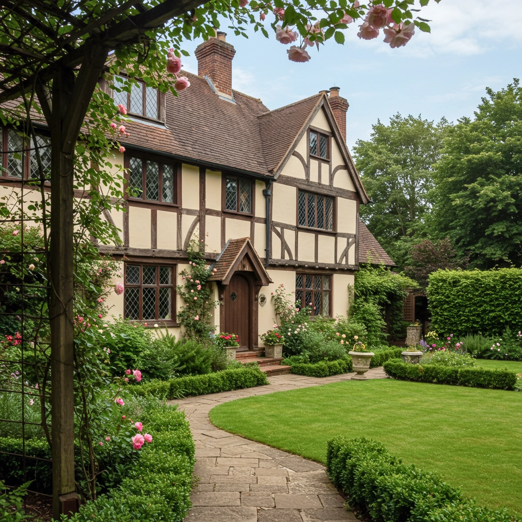 Tudor-style home with freshly painted stucco exterior