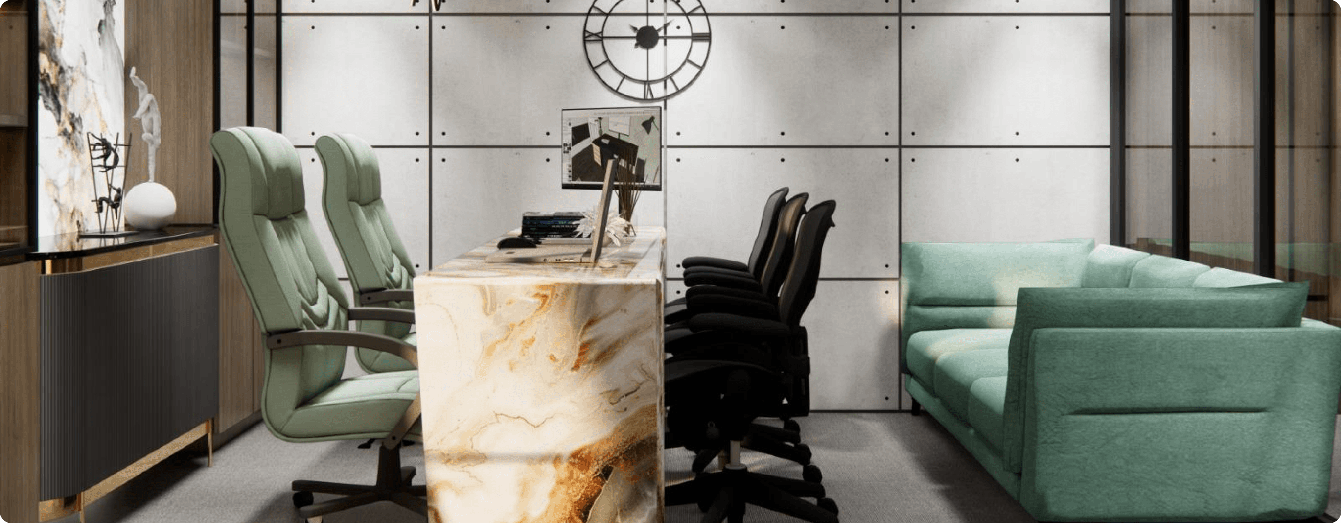 An office design and visualization of the account office of Shree Geeta Gears Manufacturers.