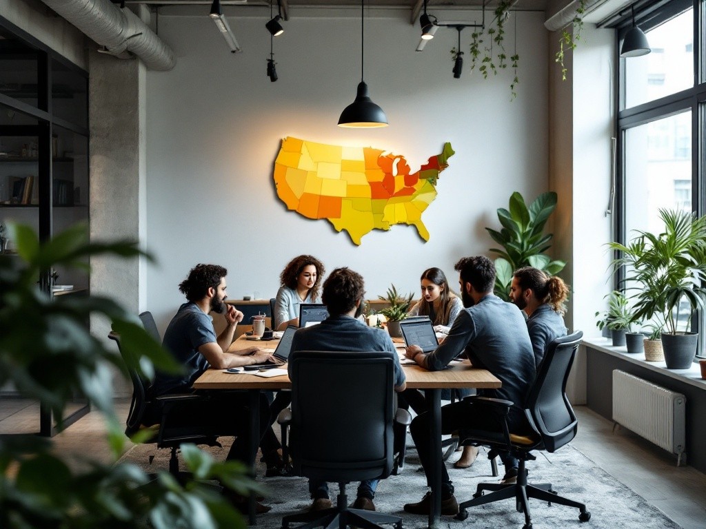 A group of young professionals are sitting around a table in a modern office, collaborating on a project. They are using laptops and appear to be engaged in a discussion. A large map of the United States is displayed on the wall behind them.