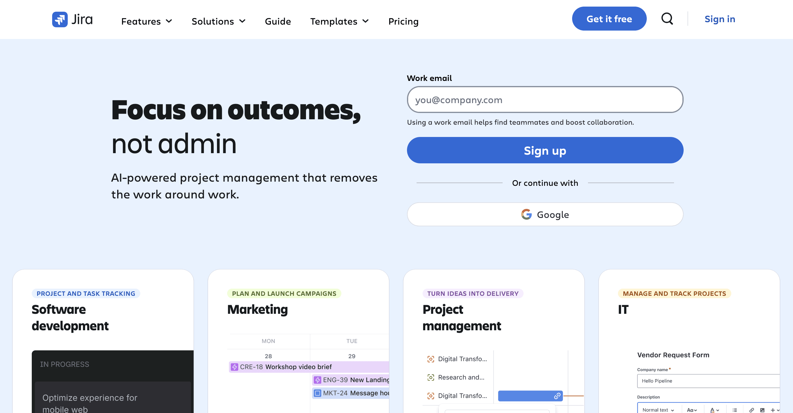 jira homepage showcasing the features