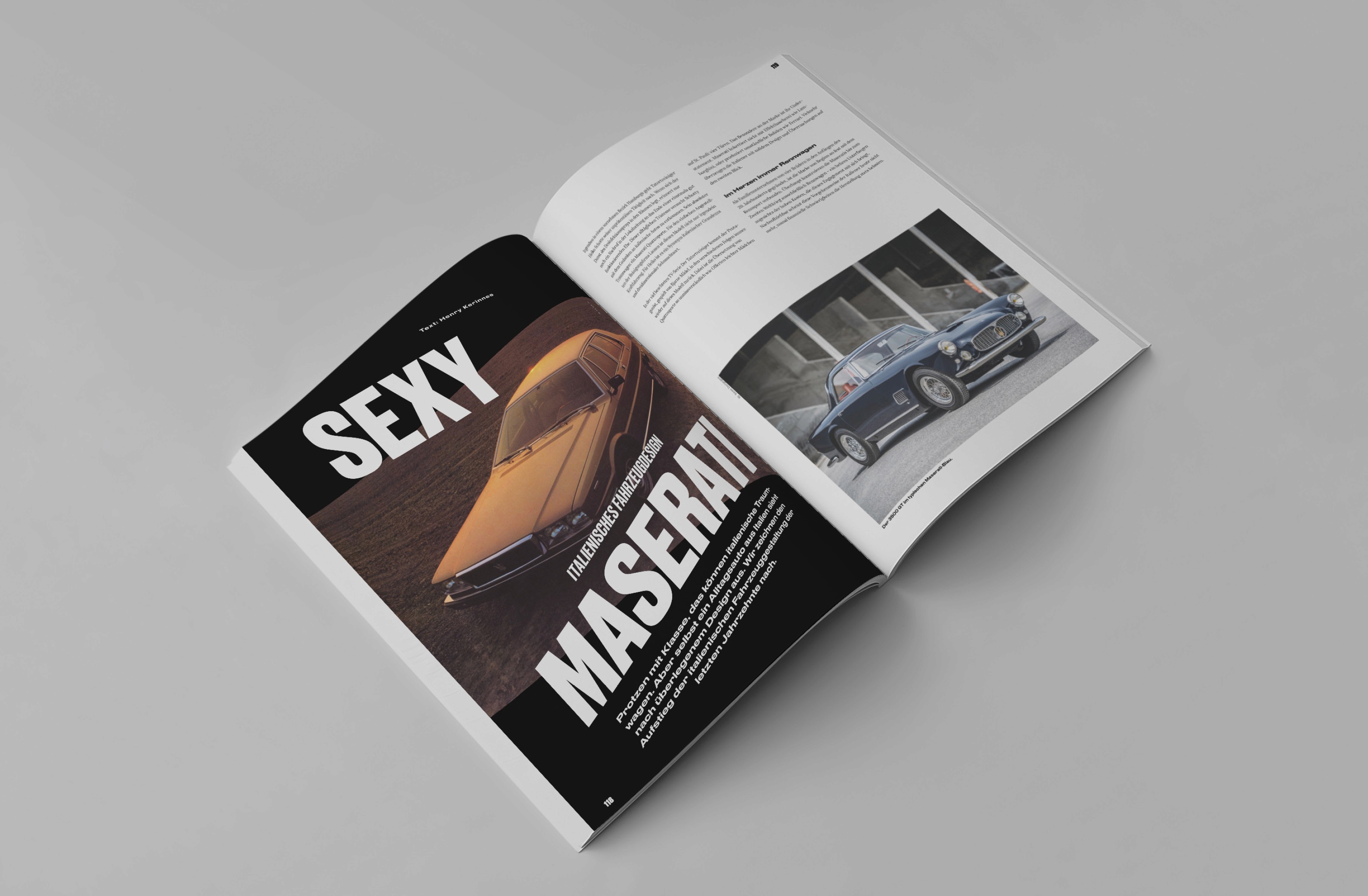 Magazine spread featuring a sleek Maserati with striking fonts highlighting "SEXY MASERATI."