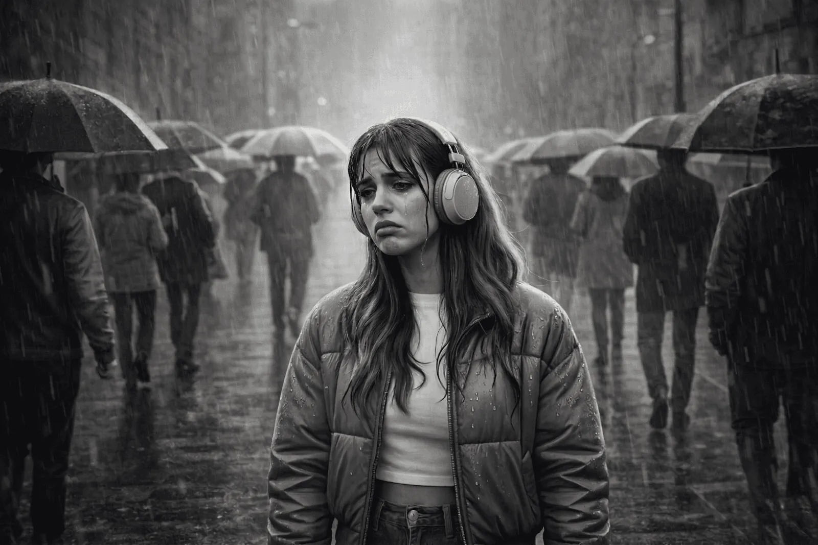 Chica escuchando música bajo la lluvia, todo en gris