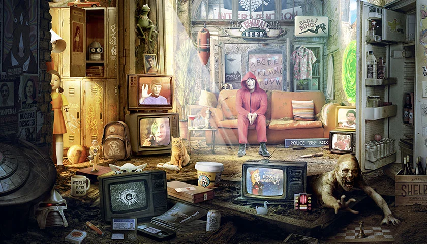 Décor d'un jeu PopCorn Garage, un salon abandonné rempli de références de séries TV à retrouver.