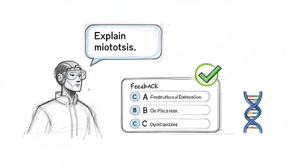 A sketch of a person asking 'Explain miototsis,' with a feedback box showing multiple-choice answers and a DNA helix.
