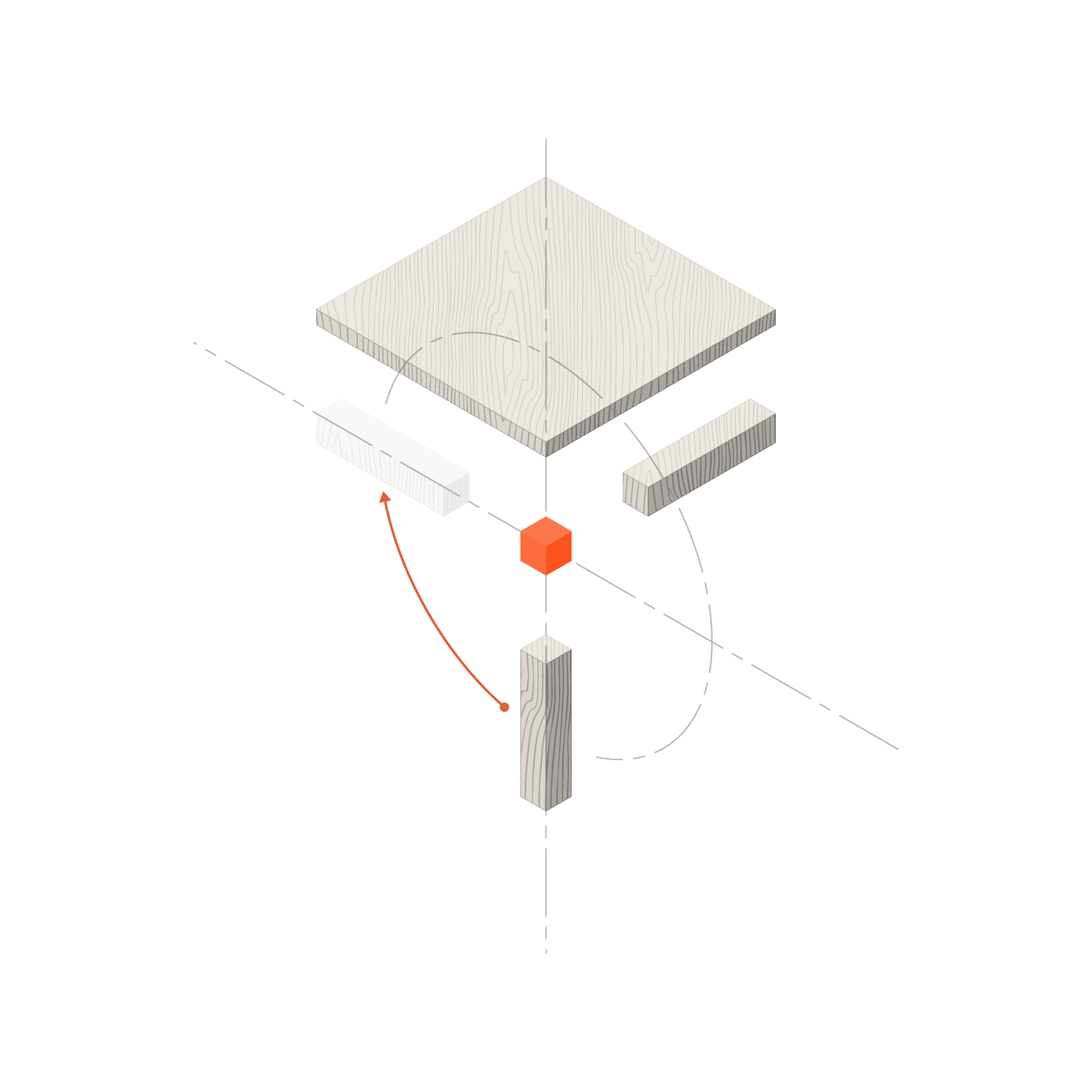 Isometric illustration of a modular timber construction component, showing a layered assembly of beams, a column, and a connector piece with an orange highlight, representing TMBR’s building system.