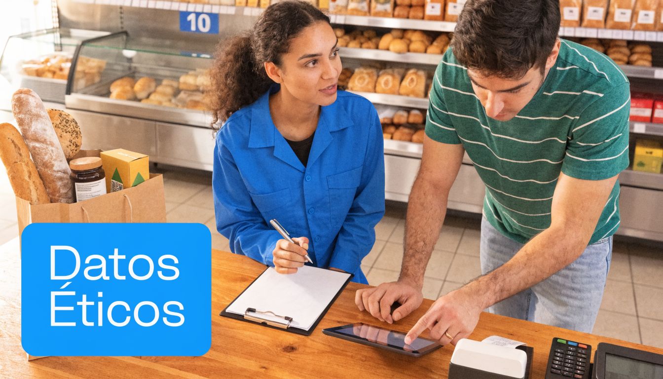 Una empleada y un cliente interactúan con una tableta digital en el mostrador de una panadería.