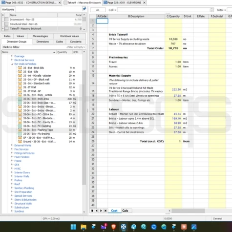 screenshot of masonry brickwork takeoff workbook using CostX software by SubsQS Ltd