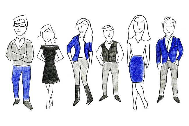 Five stylized figures are drawn in a minimalist style on a white background. From left to right:
<p>1. A man with glasses, wearing a gray sweater, blue pants, and black shoes.</p>
<p>2. A woman with shoulder-length hair, wearing a short black dress and simple shoes.</p>
<p>3. A woman with long blonde hair, wearing a blue jacket, gray pants, and black boots.</p>
<p>4. A man with short brown hair, wearing a dark vest, white shirt, and gray pants.</p>
<p>5. A woman with long blonde hair, wearing a blue skirt and simple shoes.</p>
All figures are drawn with minimal lines and solid colors, with no shading or detailed features.