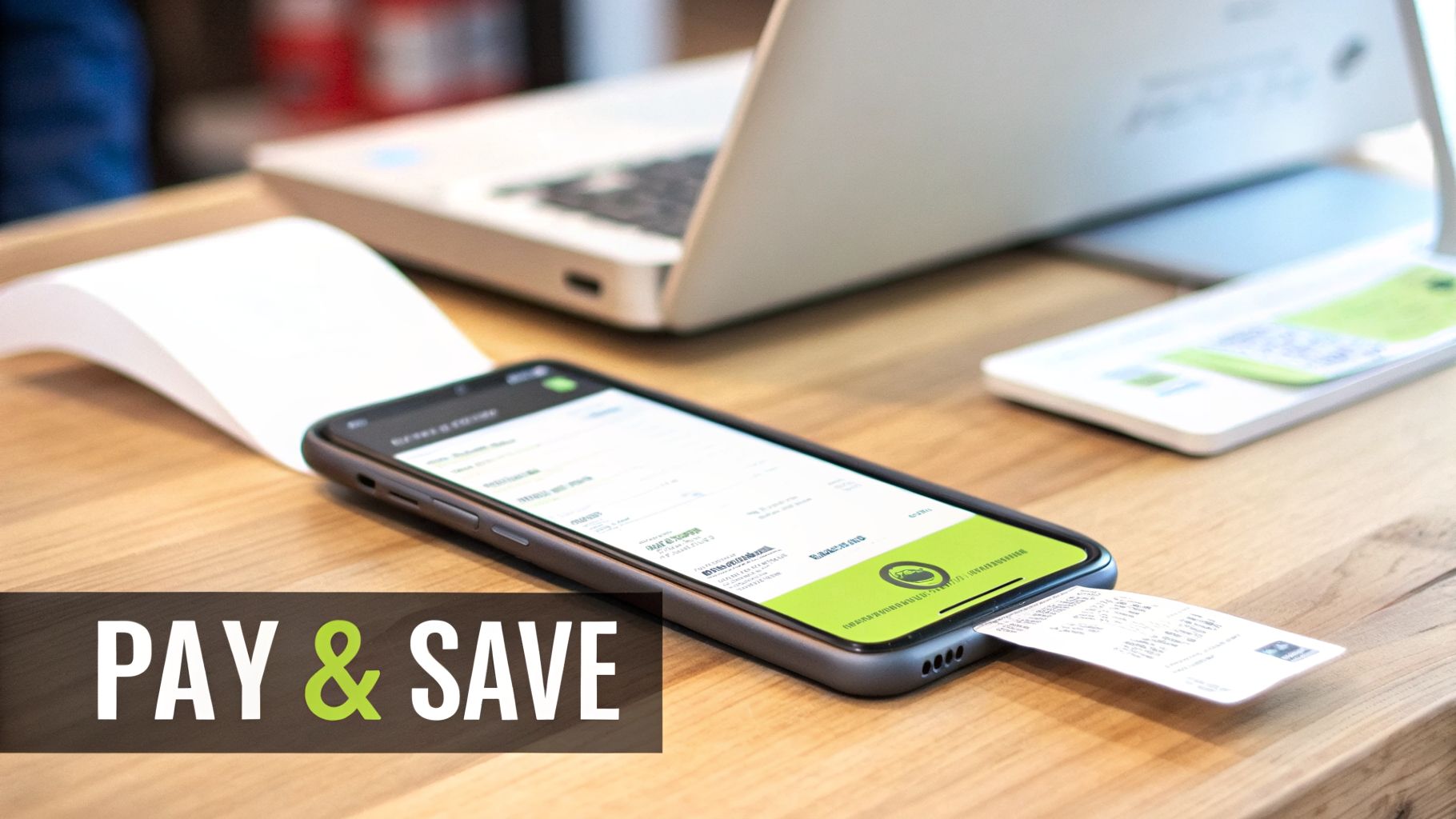 A smartphone displaying a financial app, with a physical receipt emerging, next to a laptop.