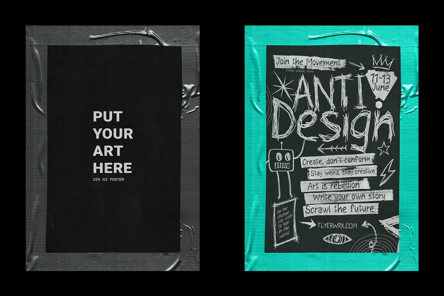 Raw taped poster mockup with different tape colors and poster design variations