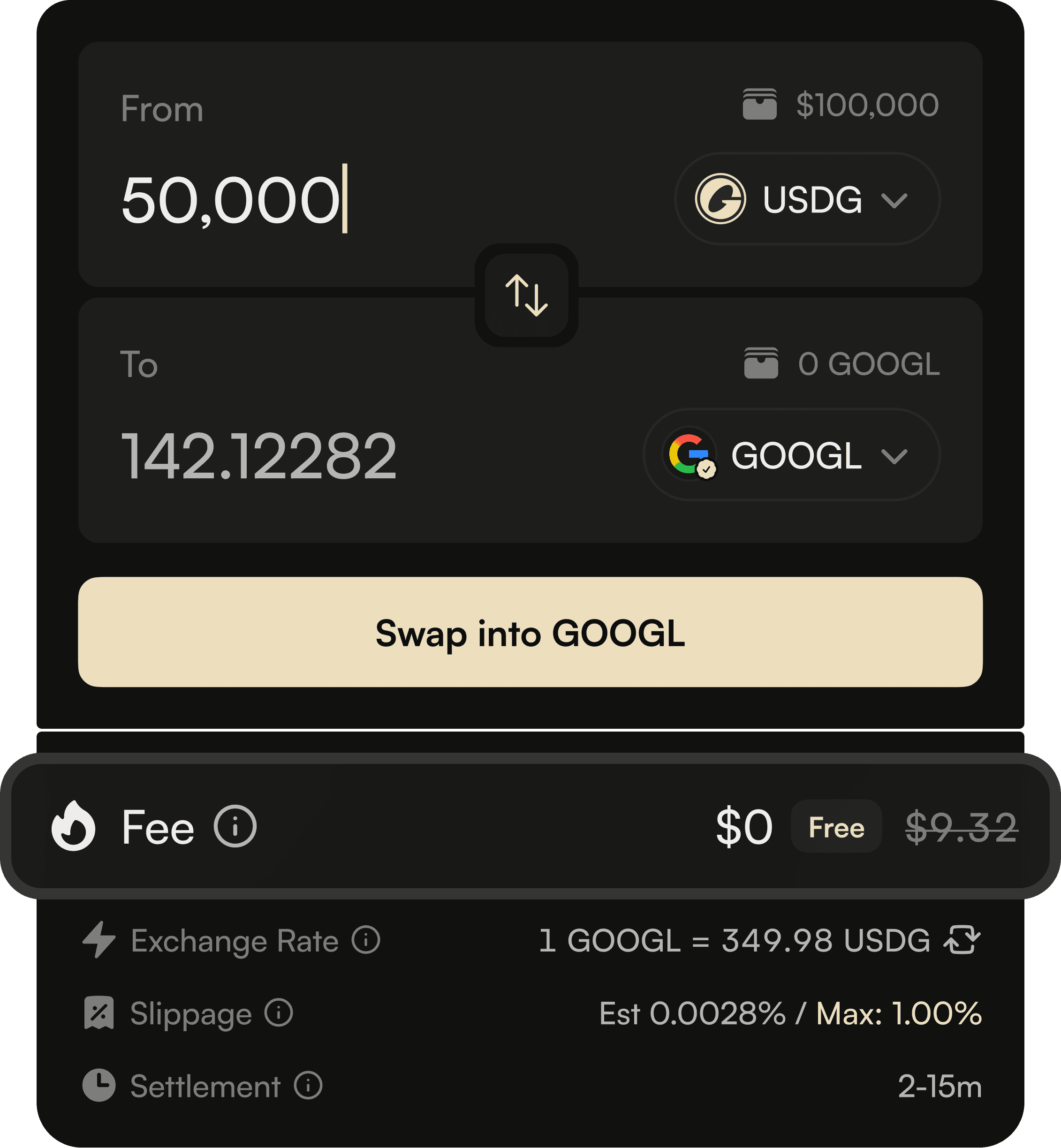 Zero Fee Stock Token Swaps