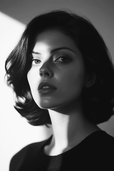 A profile of a woman in black and white, featuring a strong side view with dramatic lighting and shadows.