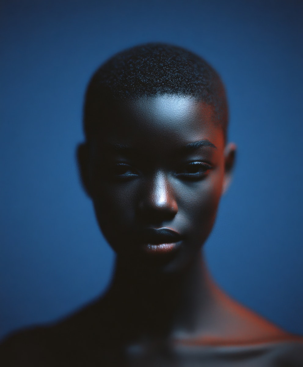 Moody portrait of a Black person with a buzz cut, lit by dramatic blue and orange light against a blue background.