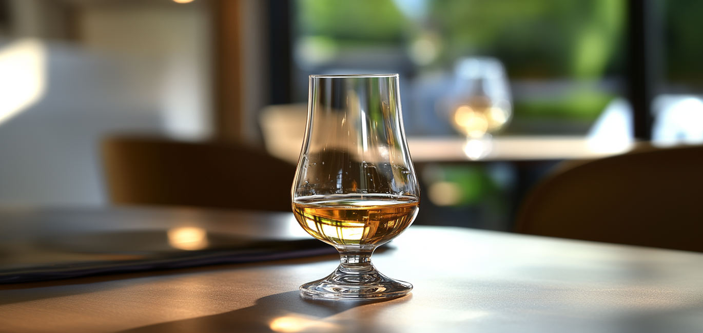 whiskey glass on table during whiskey tasting