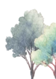A watercolor illustration of a tree with soft green and pink hues, blending into a light background.