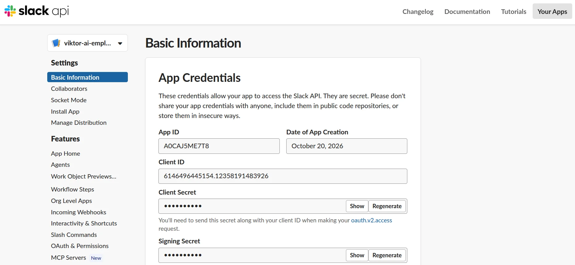 Slack app Basic Information page with app credentials