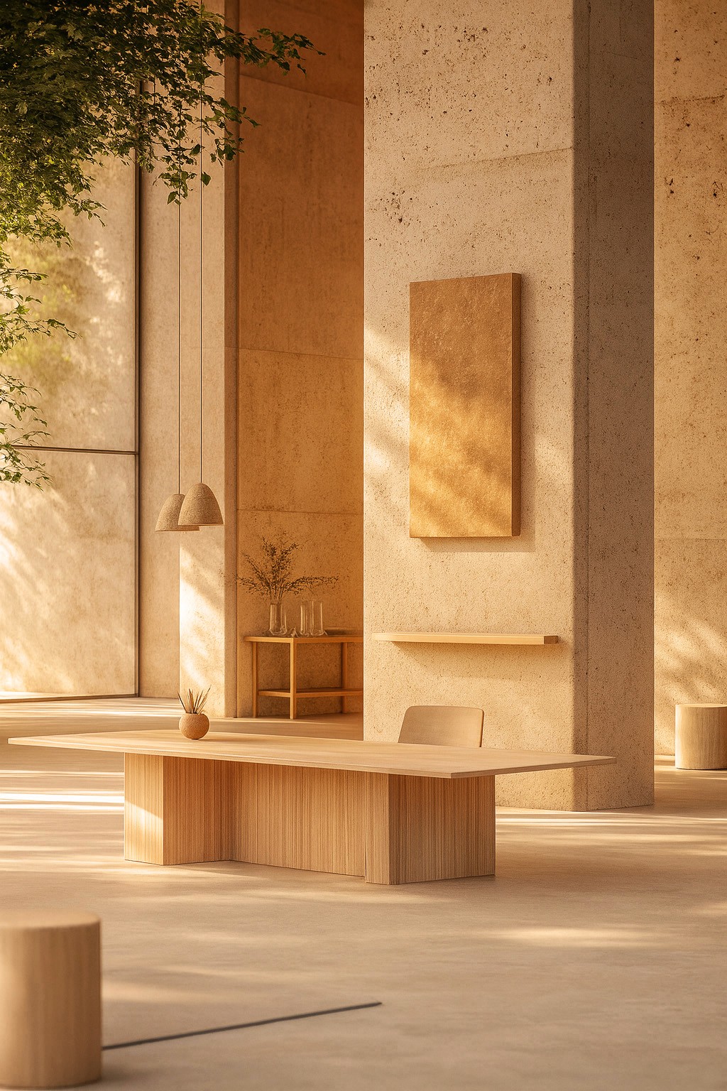 Minimalist workspace with natural stone columns, Scandinavian-style furniture, golden light, and greenery.