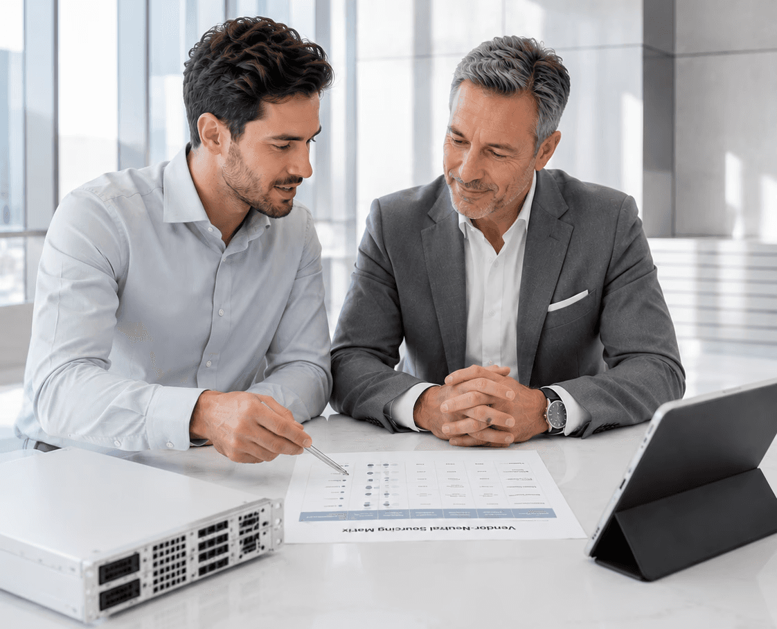IT advisors reviewing a vendor-neutral hardware sourcing matrix beside a server and tablet.