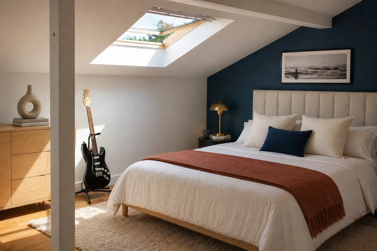 Chambre sous combles avec mur accent bleu marine, lucarne Velux, tête de lit capitonnée beige et lampe de chevet dorée, rénovation Hauts-de-Seine