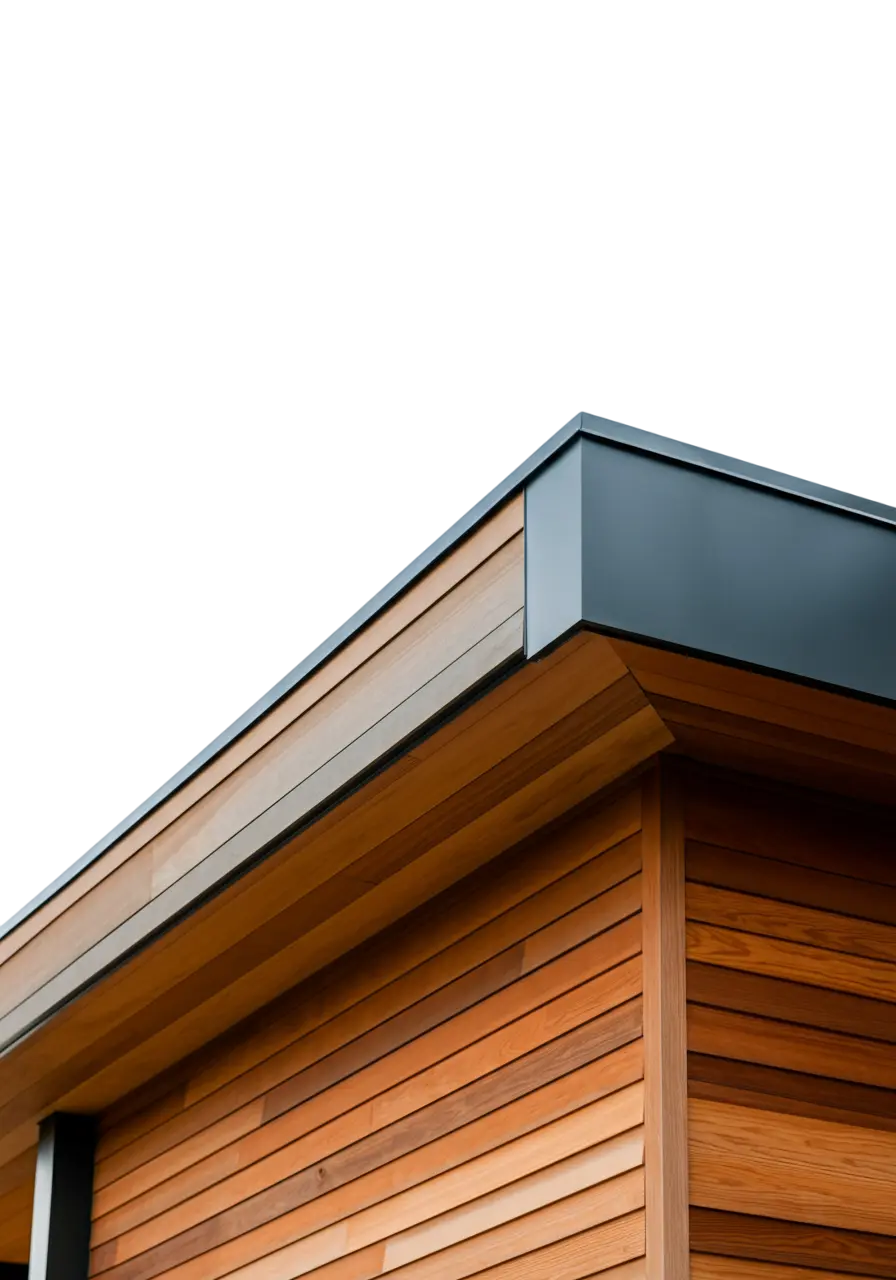 Close-up view of a modern home's exterior featuring natural wood siding and sleek black trim, showcasing contemporary architectural design in Alberta.
