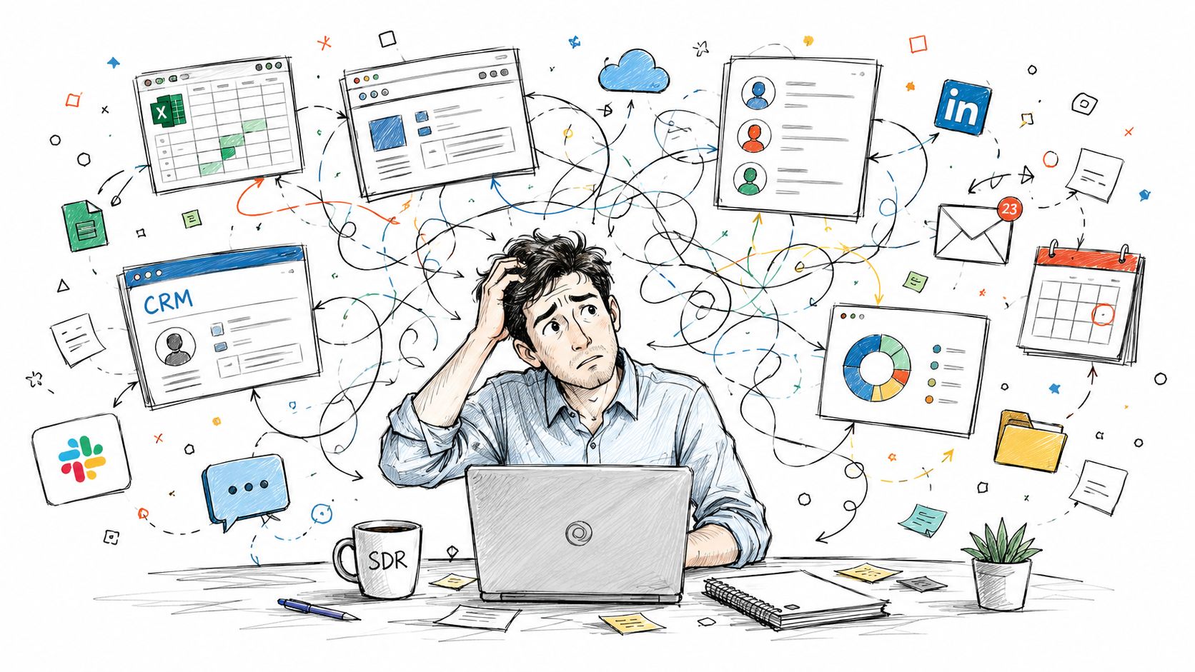 Stressed professional working on a laptop surrounded by complex digital workflows, data tools, and communication icons.