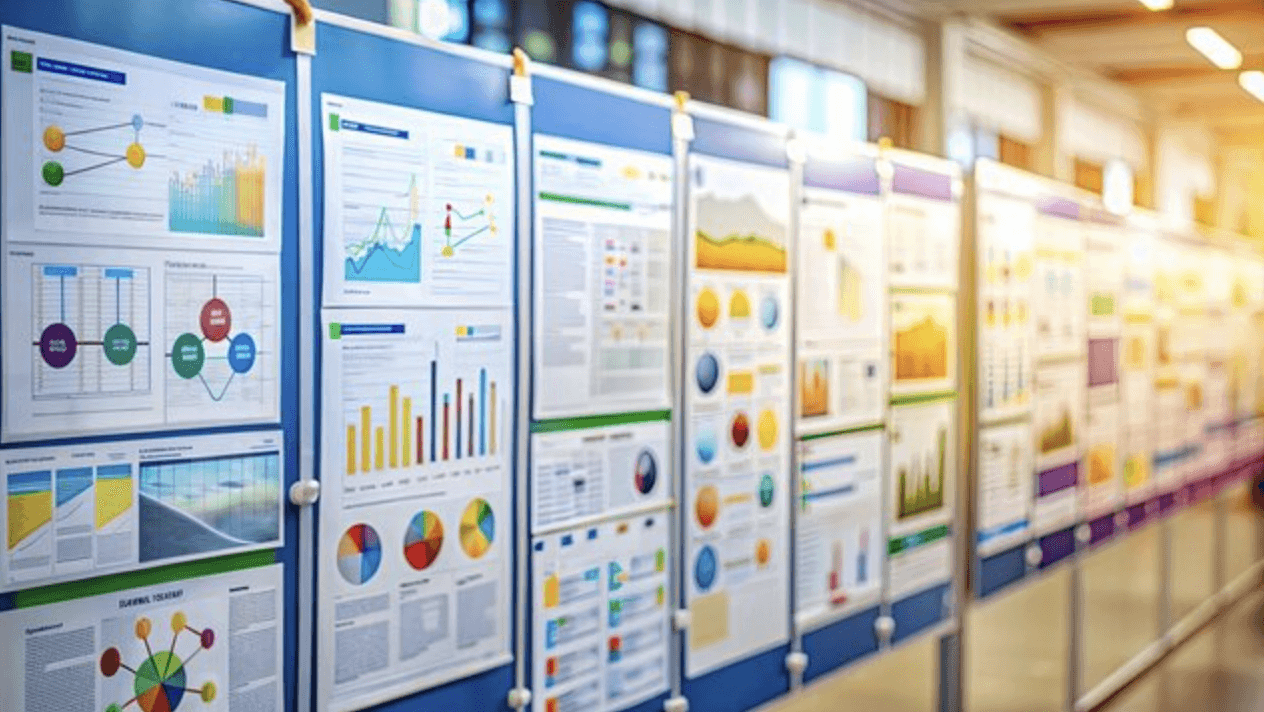 Long row of conference posters, with lots of colourful graphs and statistics.