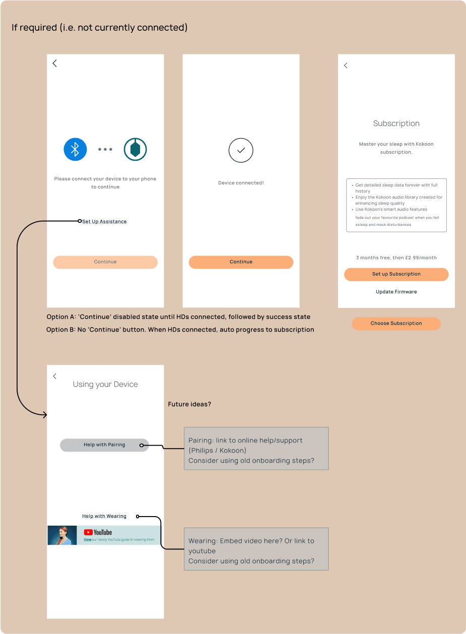 wireframes of device connection flow