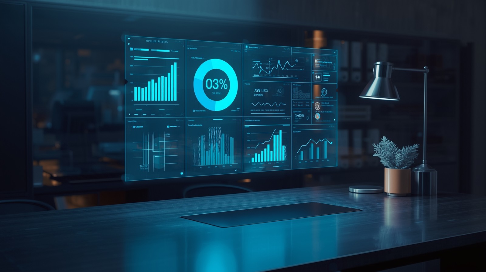 A professional, hyper-realistic digital marketing workspace with holographic pipeline data 