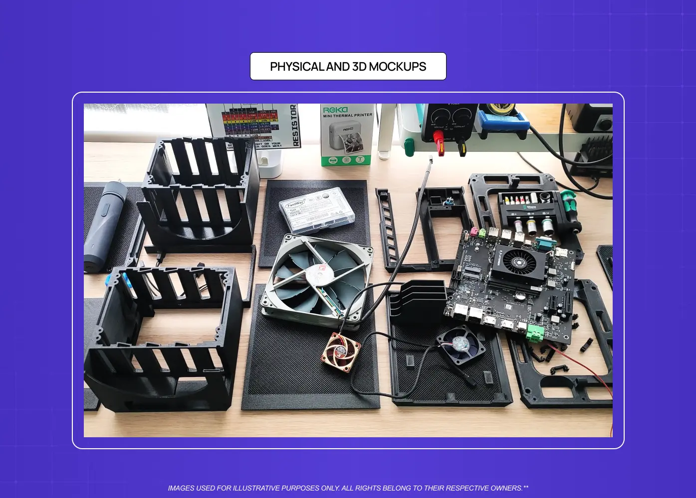 3D-printed hardware components and electronic parts arranged for assembling and evaluating a physical product prototype.