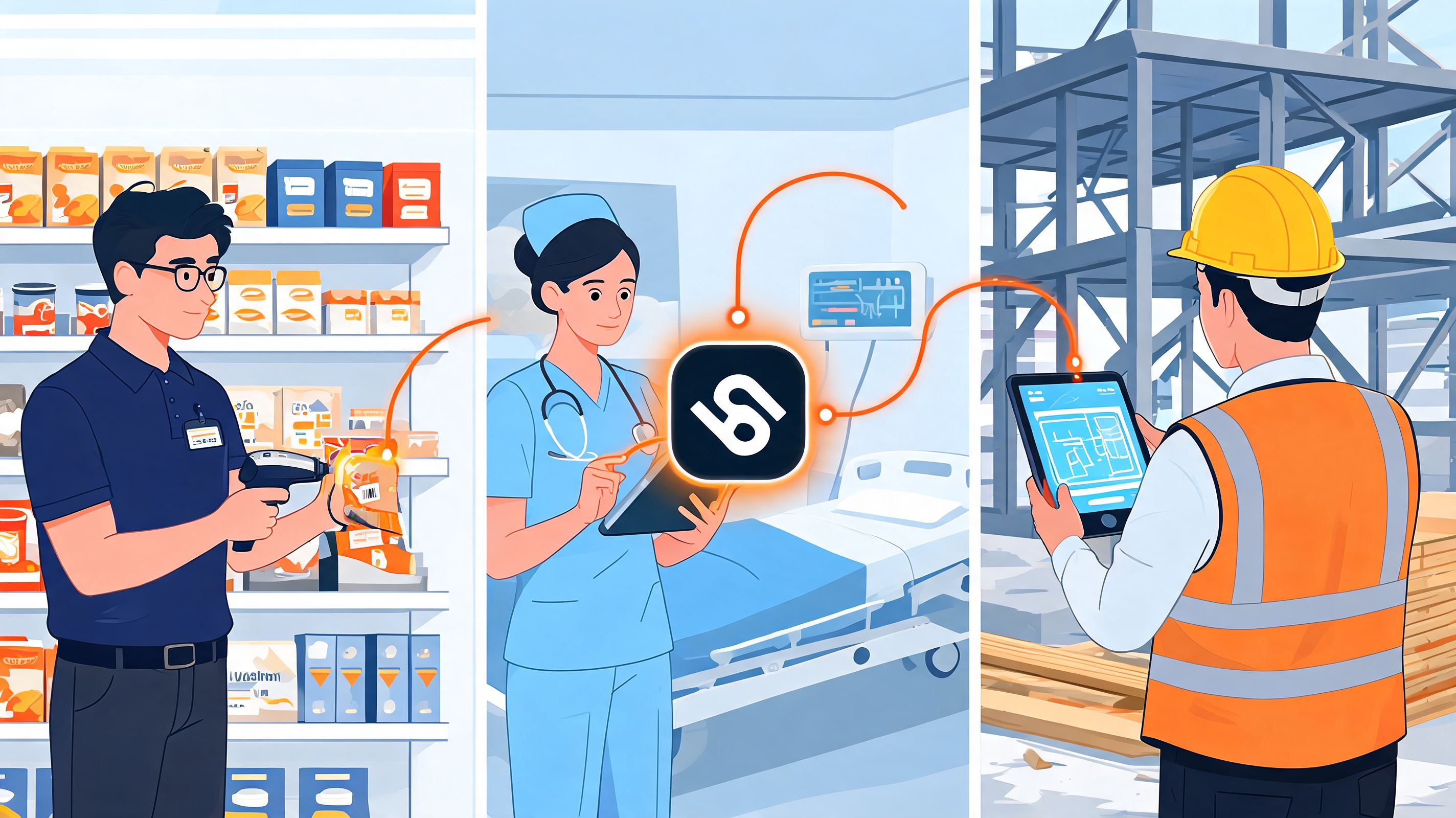 A digital illustration shows a retail worker, a nurse, and a construction worker using a mobile app.