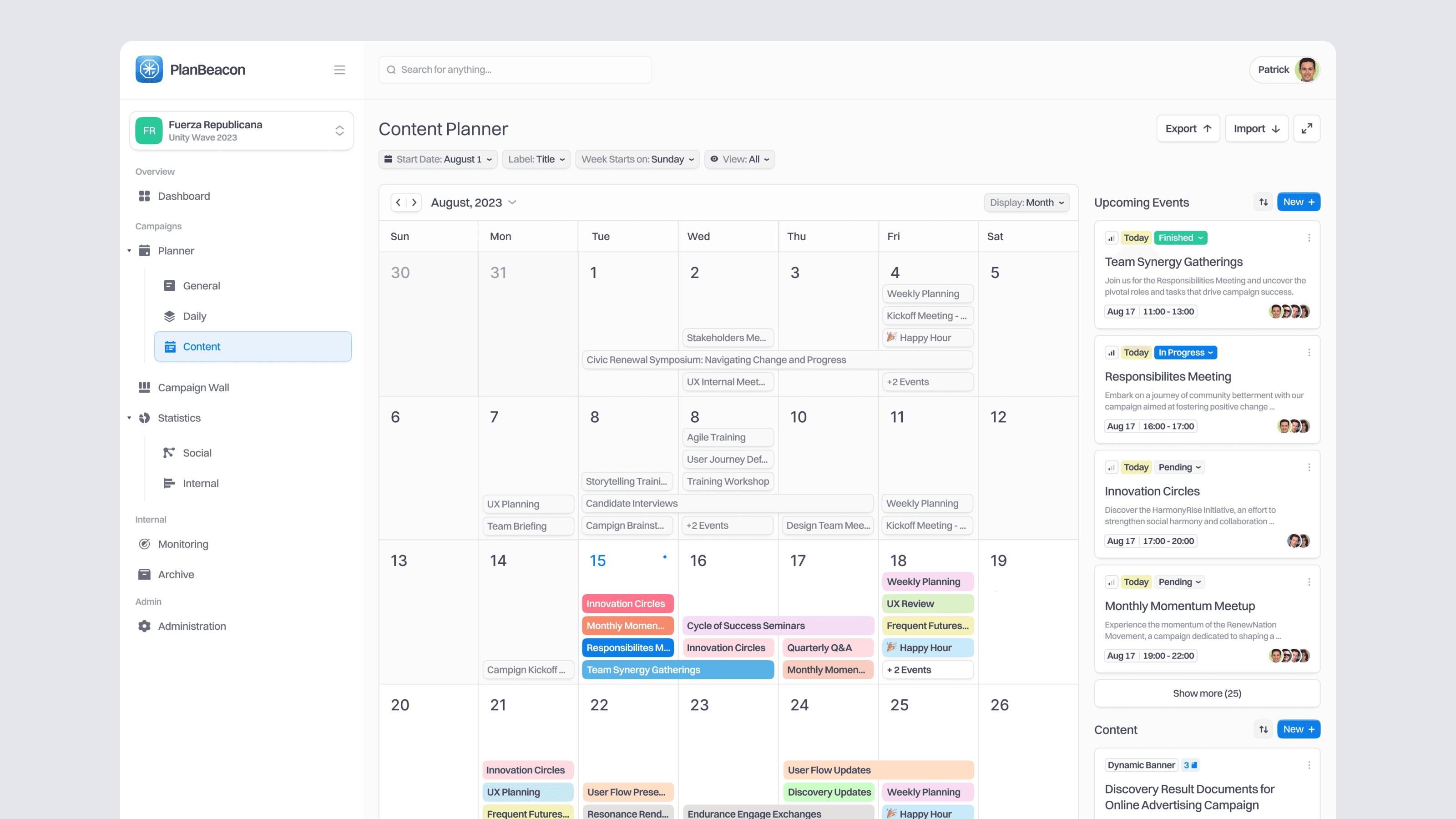 planbeacon content planner ui design