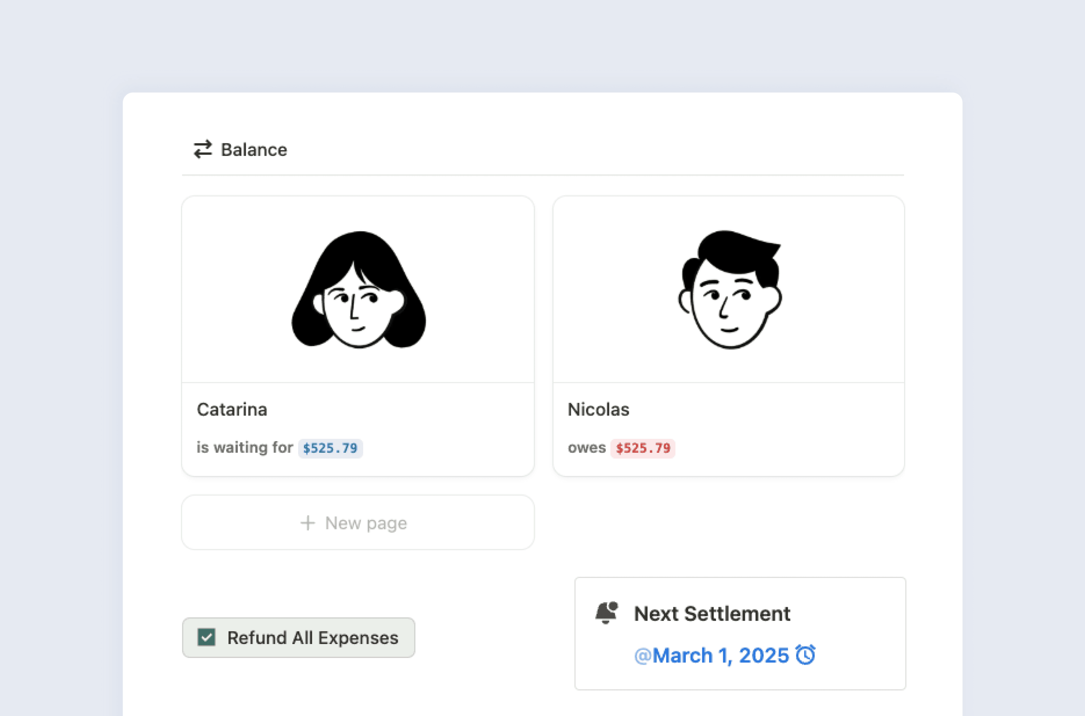 The balance section showing the two users of the template, a button to reset the balance and a reminder date for the next settlement