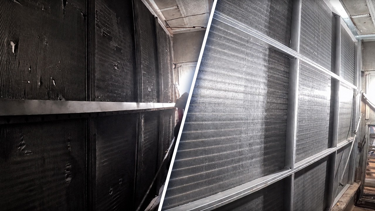 GRR Cooling Experts before and after hospital HVAC chilled water coil replacement in New York City, showing the old damaged coil section and rebuilt chilled water coil section.
