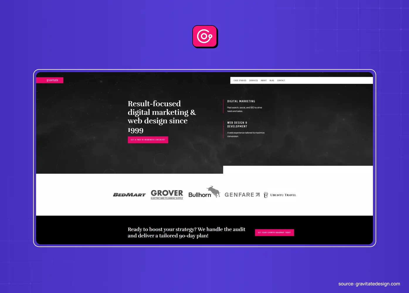 Digital marketing and web design agency website featuring a dark textured background, the headline “Result-focused digital marketing & web design since 1999,” and client logos. 