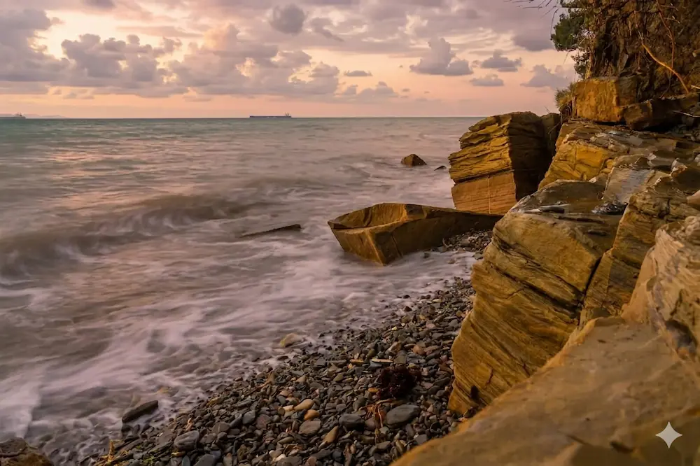 Rugged coastline during evening at Debeli rtič Peninsula in Slovenia.