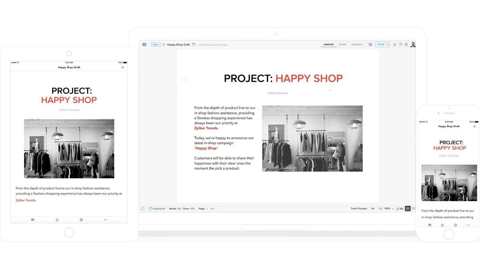 Zoho Writer's document view on multiple devices
