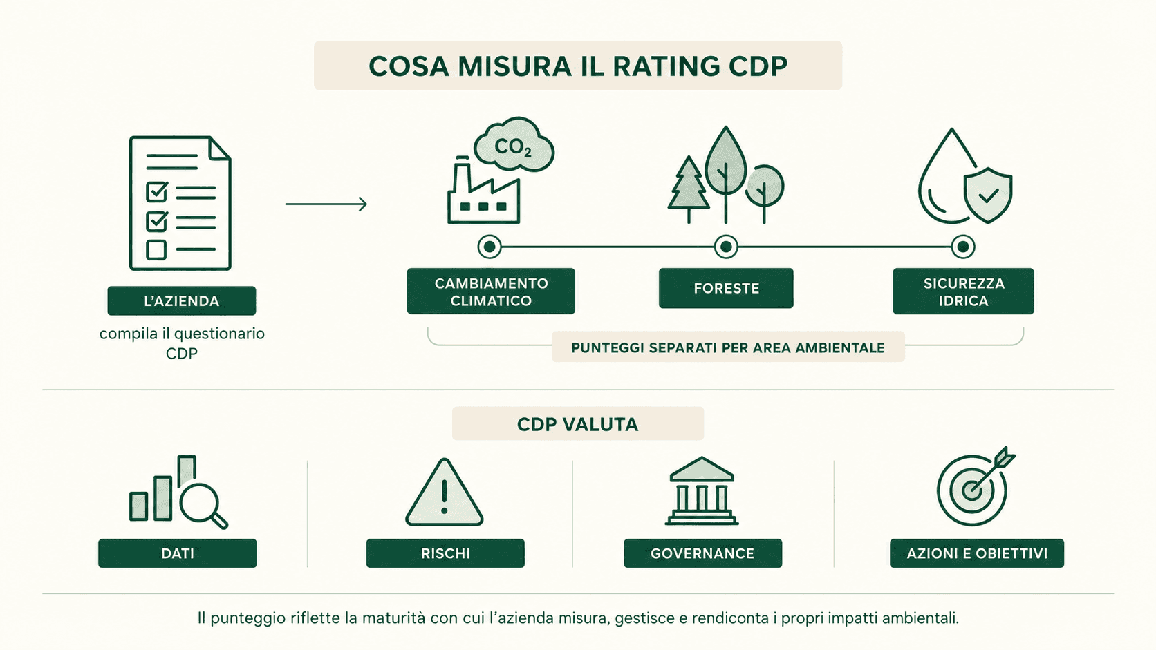 Infografica sul rating CDP con punteggi separati per cambiamento climatico, foreste e sicurezza idrica, e criteri su dati, rischi, governance e obiettivi.