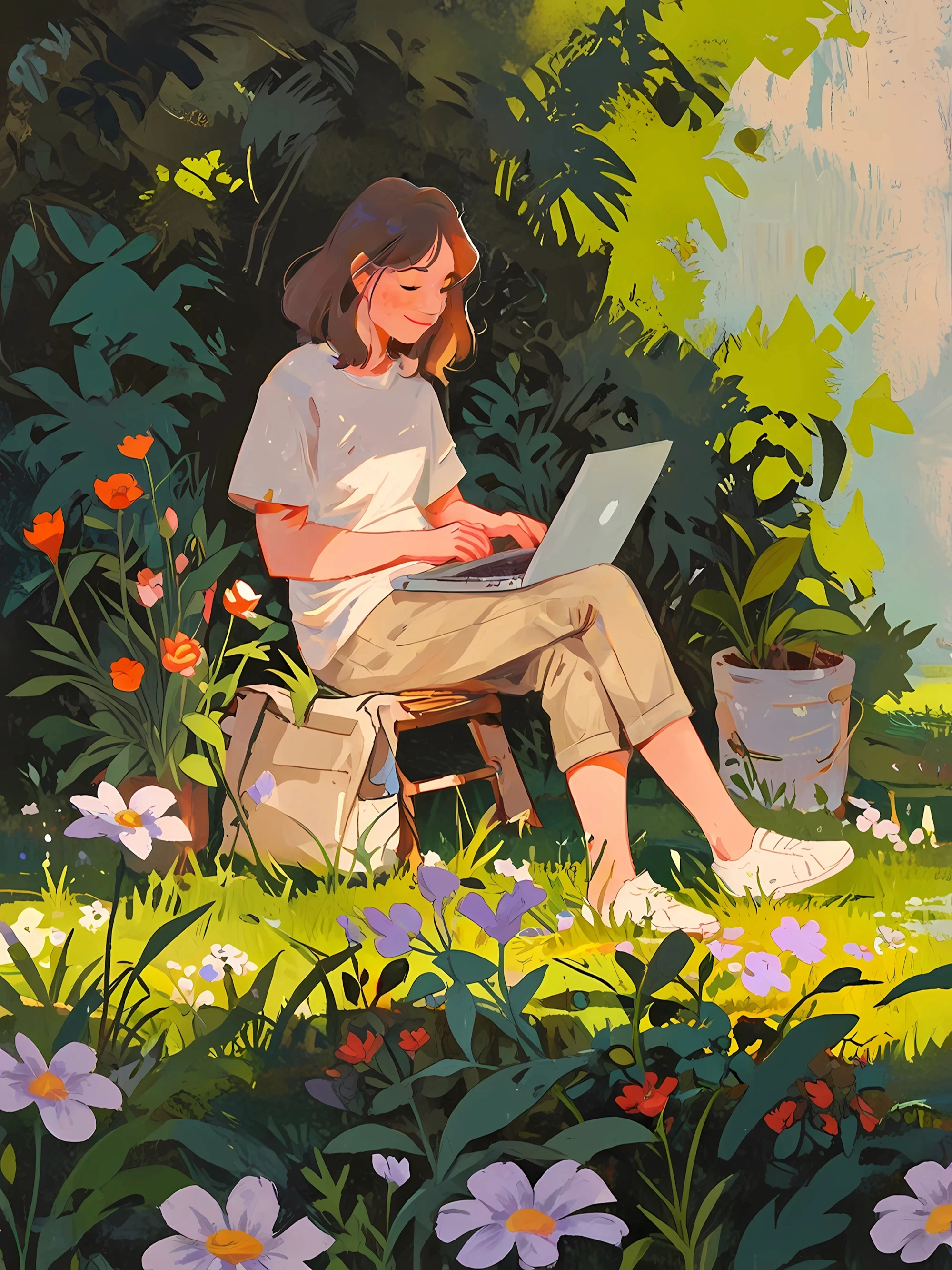 Professional woman working on laptop in lush garden setting with colorful flowers, representing how Ontario employers can seamlessly manage new ESA hiring requirements.