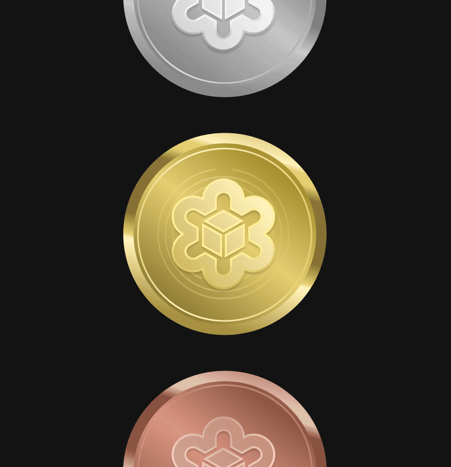 3D rendered digital asset token mockups featuring the Bitazza brand identity. High-fidelity icon design illustrating the platform's native ecosystem tokens in various metallic finishes like silver, gold, and bronze.