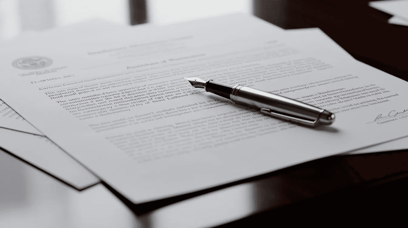 A close-up view of official legal documents on a polished wooden desk, with a pen resting on top, suggests the formalities involved in establishing a private foundation. These documents may include tax filings and information related to charitable giving, emphasizing the importance of compliance with IRS regulations for nonprofit organizations.