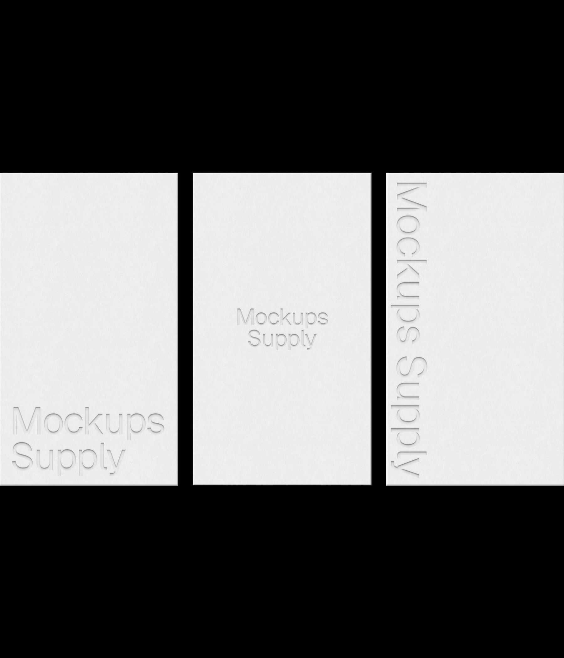 3 US Canada business cards mockup portrait for Photoshop with debossed text effect, white cards on black background, minimal branding and stationery presentation