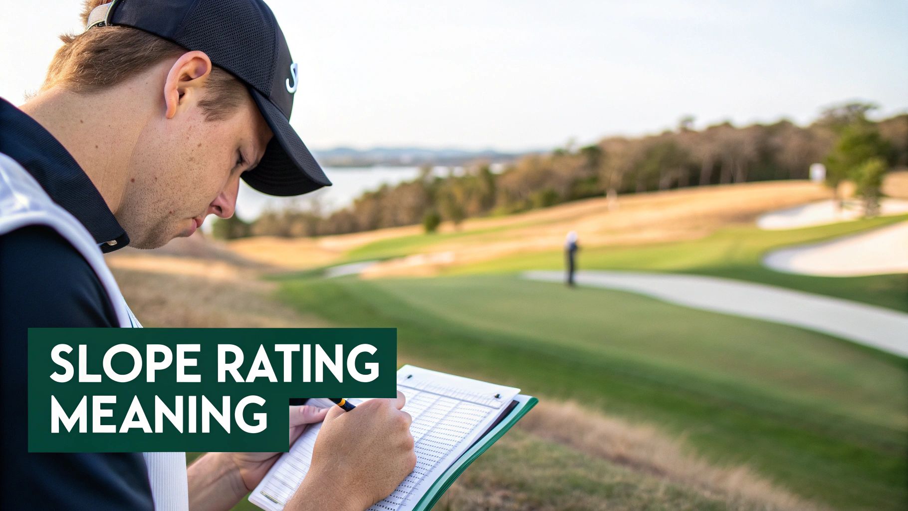 A golfer in a black cap writes on a scorecard on a sunny golf course with 'SLOPE RATING MEANING' text.