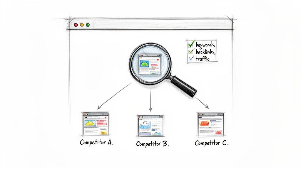Analyzing competitor websites for SEO insights like keywords, backlinks, and traffic using a magnifying glass icon.