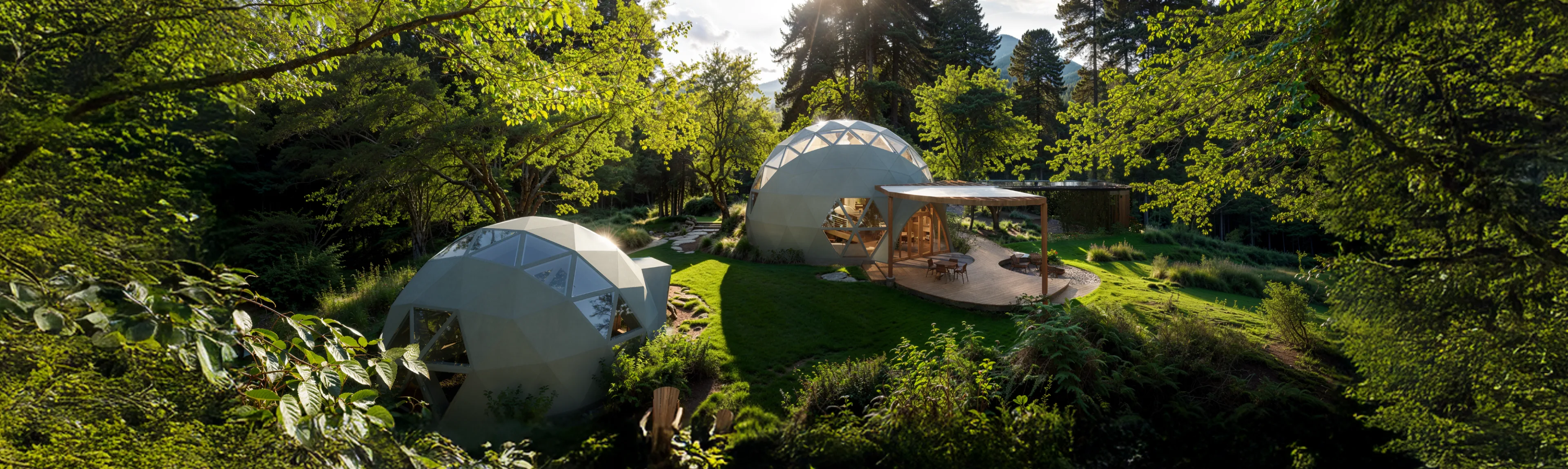 A serene landscape features two dome-shaped structures amidst lush greenery.