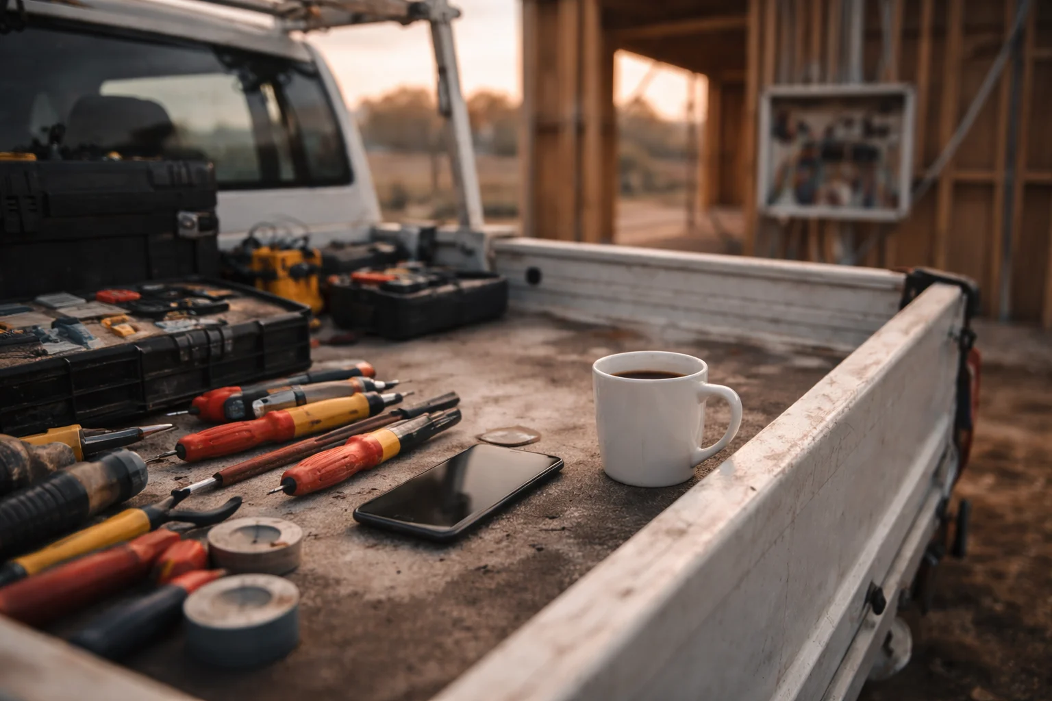 Smartest Bloke on Site footer background: Workspace on a truck bed with tools and technology at a construction site.